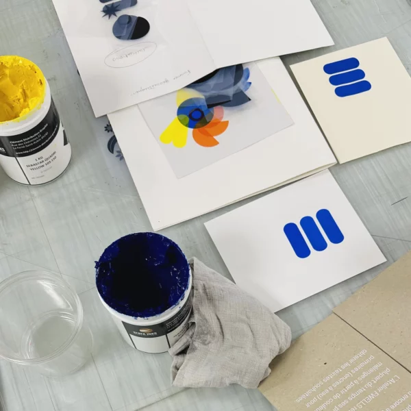 Kit pour l'atelier de sérigraphie contenant de la peinture et des calques divers.